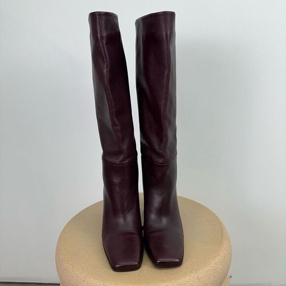 Zara Women’s Oxblood Burgundy Leather Square Toe Below the Knee Block Heel Boot - Picture 7 of 15